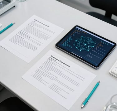 An overhead high-end photograph of a pristine white desk in a Mexico City research lab. On the desk are carefully arranged printed research drafts on digital violence and cyber grooming prevention, next to a sleek dark slate blue tablet displaying network code. The aesthetic is clean, sharp, and highly professional, with subtle teal accents on writing tools.