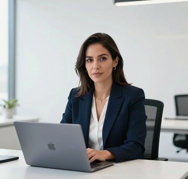 A professional portrait of a female Mexican computer systems engineer and digital rights activist in a minimalist, modern office in Mexico City. She has a confident, authoritative expression, representing high-end professionalism. The background is pristine white and very clean, featuring subtle technological elements like a sleek dark slate blue laptop. The atmosphere is intellectually rigorous with soft, bright, natural lighting.