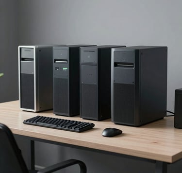 A detailed photography shot of a high-end 3D rendering workstation in a professional North American / US creative studio. The composition shows a clean desk with deep slate hardware and muted cool grey accents under soft, professional lighting.