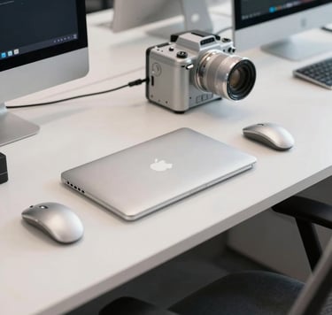 A professional photography shot of a digital artist's workspace in a modern North American / US design firm. The scene features off-white surfaces and silver grey technological tools, emphasizing visual clarity and a clean, elegant aesthetic.