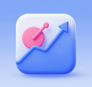 3D financial growth icon featuring a blue upward arrow and pink circle element on a square white background.
