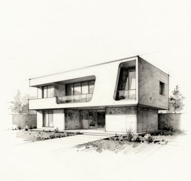 A professional architectural hand-sketch on off-white textured paper, showing the fluid lines of a residential concept. Graphite and charcoal tones with lots of white space.