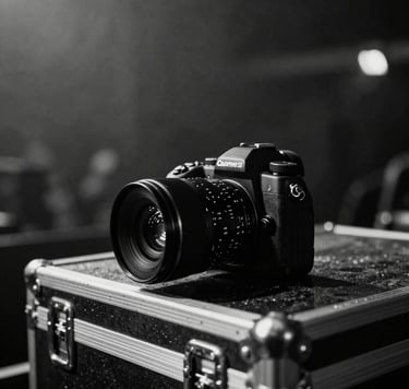 A moody, high-contrast black and white photography of a professional camera sitting on a flight case in a dimly lit Western European concert venue. The background is dark anthracite with subtle reflections of stage lights, capturing a raw rock-and-roll atmosphere.