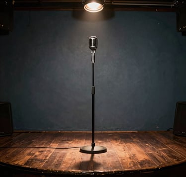 A candid, soulful shot of a small wooden stage in an intimate American club. A single vintage microphone stands under a warm spotlight. Deep shadows, vibrant yet nostalgic mood. Colors include charcoal, dark brown, and slate blue-grey.