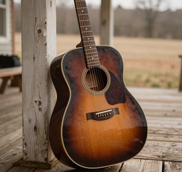 Close-up photography of a vintage sunburst acoustic guitar leaning against a weathered wooden porch in the North American countryside. Soft, warm morning light, soulful and authentic atmosphere. Colors include brown, copper, and beige.