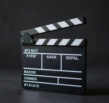 A sharp, high-contrast photo of a professional film clapboard sitting on a sleek, dark surface. The lighting is cinematic and moody, highlighting the edges with cool #F2F5F7 tones against a dark #1A1A1A backdrop, reflecting a modern production environment.