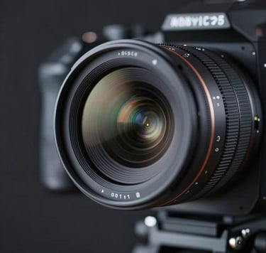 A minimalist, close-up shot of a high-end cinema camera lens. The glass reflects soft studio lighting with subtle gradients of #8C9CA6. The background is a deep, out-of-focus studio interior in #1A1A1A, conveying a professional and sophisticated atmosphere.