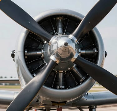 A close-up, artistic shot of a radial engine on a vintage propeller plane. The polished steel components catch the light, showing textures of #B2BEB5 and deep shadows in #1C2833. The background is a soft, out-of-focus airfield under a #5D6D7E sky. Sophisticated and high-detail photography style.
