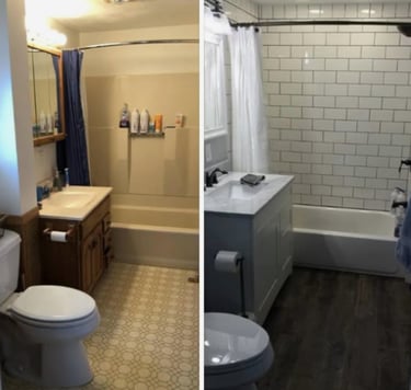 Bathroom remodel before and after showing modern tile and updated fixtures.