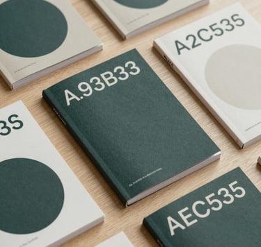 An overhead, curated shot of high-quality editorial publications and catalogues spread on a light wooden table. The covers feature minimalist typography and a palette of #293B37 and #AEC5BE. The lighting is crisp, highlighting the tactile texture of the sustainable paper.