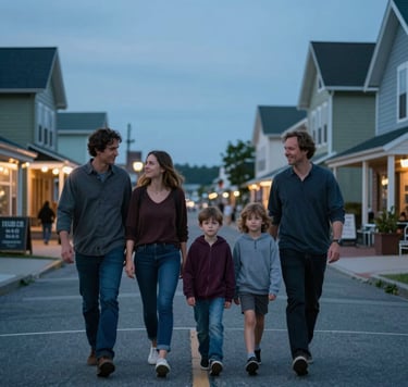 An authentic, candid moment of a family walking through a North American / US coastal town at dusk. The scene features soft blue light and cinematic depth, capturing life's real emotions with a friendly and warm atmosphere.
