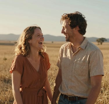 A cinematic, sun-drenched photography shot of a couple laughing together in a North American / US open field. The lighting is golden and warm, highlighting soft terracotta tones and genuine smiles in a candid, professional style.