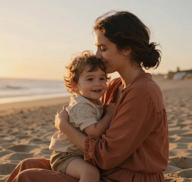 A close-up shot of a mother holding her toddler close, sitting on a warm sand dune at a beach in Spain / Southern Europe. The soft golden light of sunset illuminates their smiling faces. Warm sand colors and gentle terracotta tones in the clothing, highly cinematic, emotional and natural lifestyle photography.