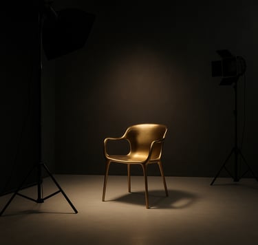 A professional photography studio interior in Kartal, Istanbul. The scene is minimalist and luxurious with dark slate black walls, soft off-white floor, and a single metallic gold designer chair under a soft spotlight.