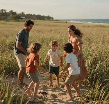 A candid photography shot of a North American family playing in a sun-drenched coastal tall grass field. The lighting is warm and cinematic, featuring Soft Sand and Terracotta tones. Shallow depth of field focusing on authentic laughter and real-world connection.