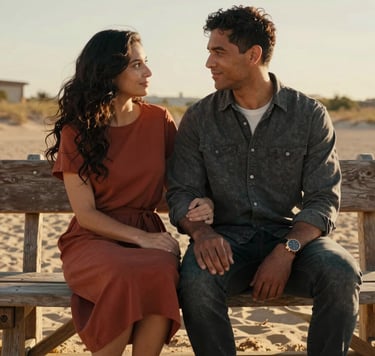 A cinematic portrait of a North American couple sitting on a rustic wooden bench during golden hour. The environment is sun-drenched and warm, capturing authentic, intimate interaction. Rich Dark Terracotta and Charcoal colors in their clothing contrast with the Soft Sand background.