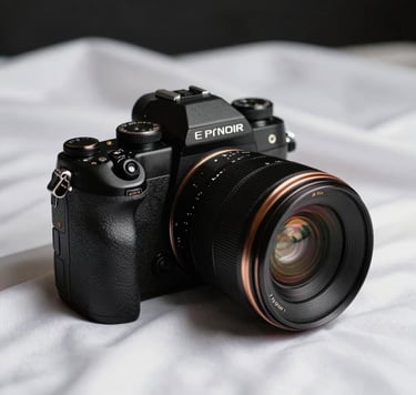 Close-up of a premium, black professional camera body with bronze detailing, resting on a white silk cloth, cinematic side lighting creating elegant shadows, set in a sophisticated North American / US studio.