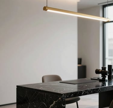 A high-end North American / US photography studio interior, featuring a minimalist aesthetic with clean lines, champagne gold lighting fixtures, and a sleek black marble desk, captured with cinematic depth of field.