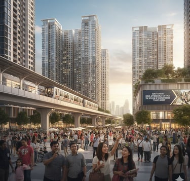 A busy urban plaza with crowds of people, modern high-rise buildings, and an elevated train on the RTS Link track