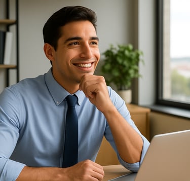Hombre en la oficina, pensando en emprender y poner un negocio para más ingresos.
