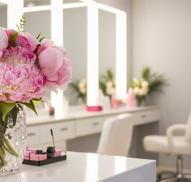 a vase with pink flowers in a vase on a table