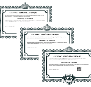 Certificats de Mérite Artistique 2021, 2022, 2023 Luxembourg Art Prize