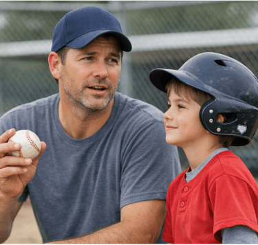 A youth baseball coach encourages his player who wears the White Baseball Badge on his helmet.