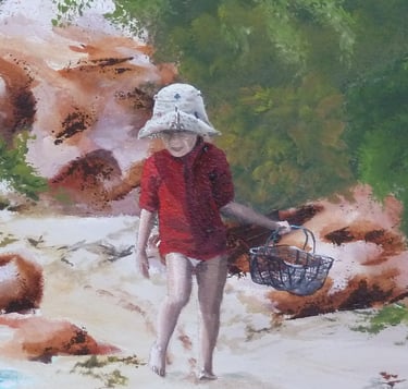 Détail d'une fresque intérieure: un enfant avec un panier cherche des coquillages. Saône et Loire 71