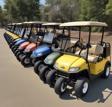 a red golf carton with a black and white golf cartonce