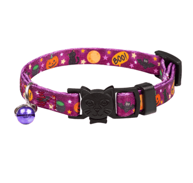 Pawnest® Meowgic Boo Halloween cat collar – purple spooky design with safe cat-face buckle and bell.