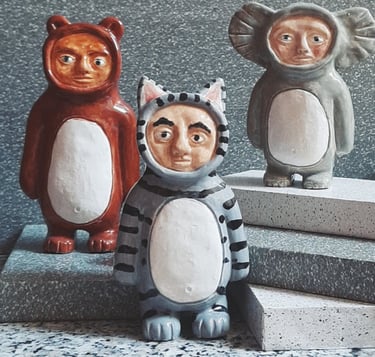 Handmade Ceramic Figurines for bear lovers, elephant lovers and Tabby cat lovers. Animal art.