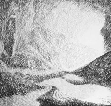 a drawing of a river in a cave