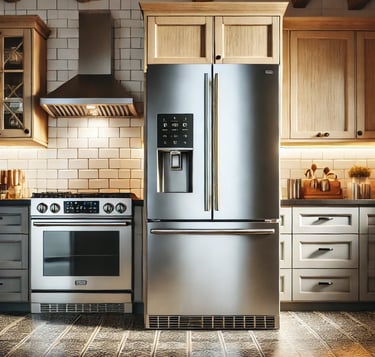 a kitchen with a refrigerator, stove and Hood Range