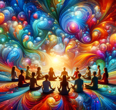 Group of people meditate in a circle surrounded by colorful psychedelic imagery