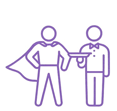it's all about you icon depicting a superhero in a cape standing next to a butler holding a tray