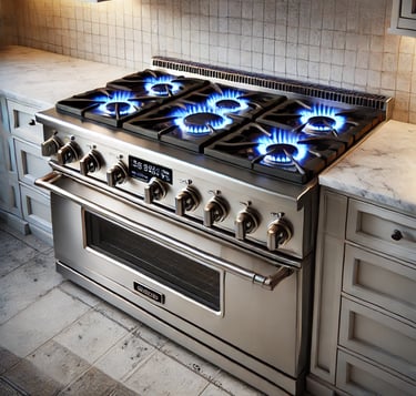 a stove top oven with a blue flame on it