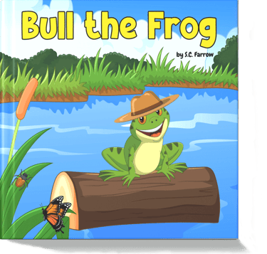 A colourful children's book cover featuring a bright green frog wearing a wide-brimmed hat as he sits on a log in a pond