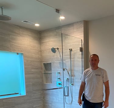 Large master bath featuring 5x14 walk-in shower designed for two. Build by WESHORN