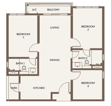 Bukit Chagar Living Type C layout – 2 bedrooms, 2 bathrooms, 1 balcony apartment