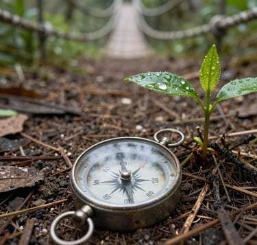 A vintage compass and a green seedling on a forest floor leading to a suspension bridge.