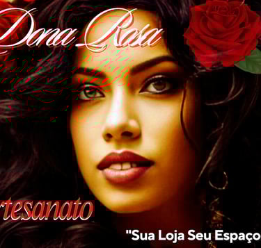 Dona Rosa Artesanato logo featuring a woman with a red rose and curly dark hair.