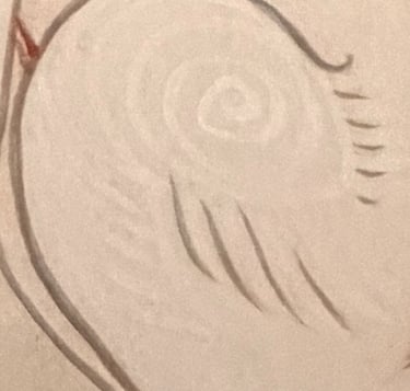 Enlarged detail of the right fox figure from Tōryanse — showing spiral lines painted in gofun