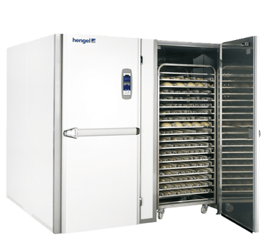 Industrial Hengel dough proofing cabinet with rack of artisan bread loaves.