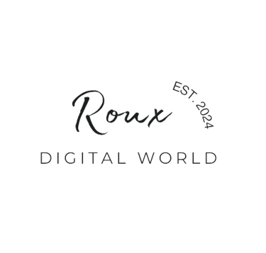 a black and white logo with the words roux digital world EST. 2024