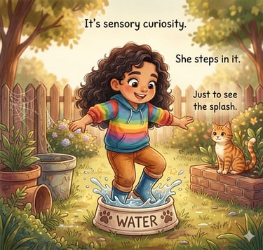 Autistic girl jumping in a puddle to watch the water splash, showing sensory seeking behaviour