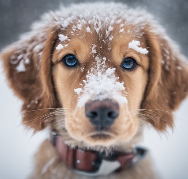 a dog is looking at the camera during winter