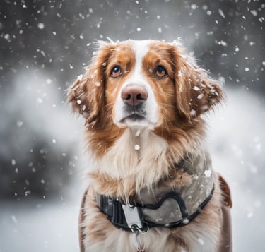 a dog is sitting in the snow