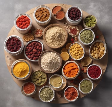 A market stall features a variety of packaged snacks. There is a large orange plastic bag filled with crunchy noodles. Nearby, a transparent mesh bag contains lighter-colored puff snacks. Additionally, a stack of rectangular packaged snacks is visible, along with hanging colorful snack packets in the background.