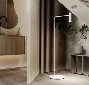 Modern minimalist interior design featuring a sleek wooden staircase with a built-in under-stair storage unit. The area inclu