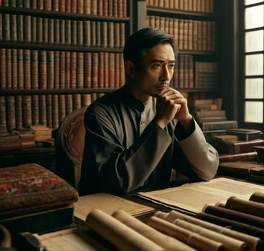 a man sitting at a desk with a book and a book